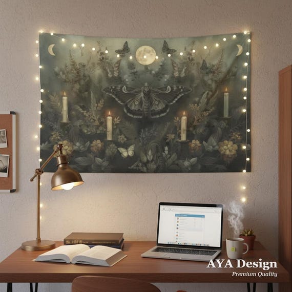 Dark Academia Moth Tapestry, Gothic Botanical Wall Hanging, Moon Phase Art, Witchy Decor