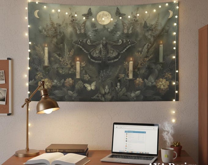Dark Academia Moth Tapestry, Gothic Botanical Wall Hanging, Moon Phase Art, Witchy Decor