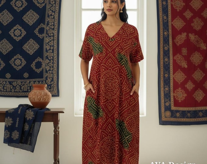 South Asian Print Midi Dress with Pockets | Boho Ethnic Casual Wear Red Summer