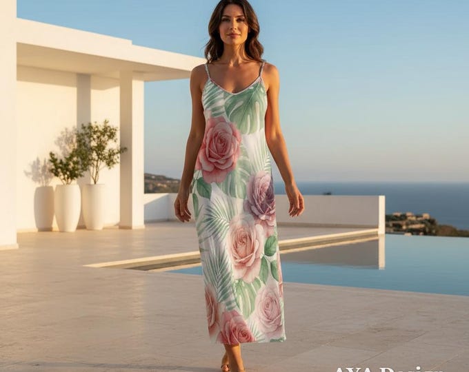 Watercolor Rose Tropical Leaf Maxi Dress, Boho Summer Sundress
