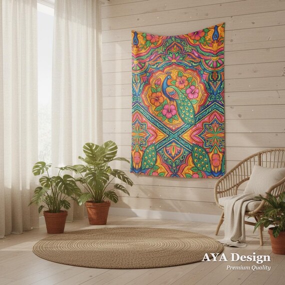 Vibrant Peacock Mandala Tapestry, Psychedelic Boho Wall Art, Maximalist Decor, USA Made