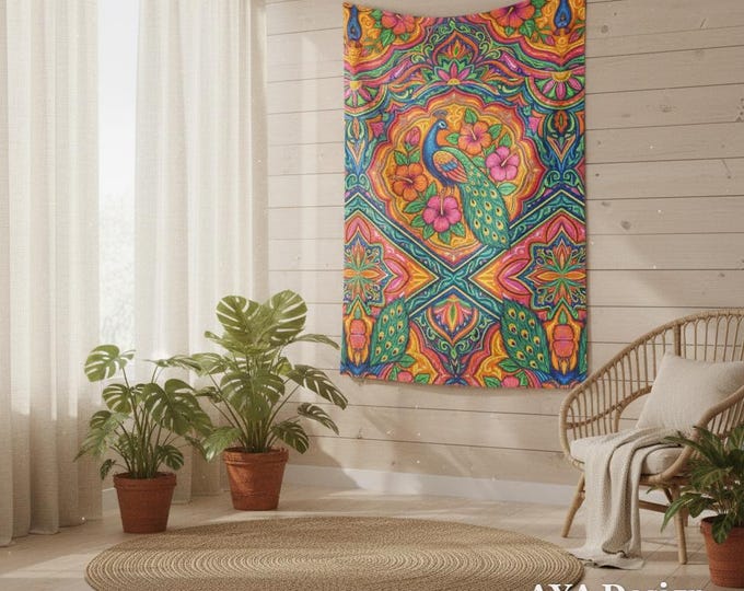Vibrant Peacock Mandala Tapestry, Psychedelic Boho Wall Art, Maximalist Decor, USA Made