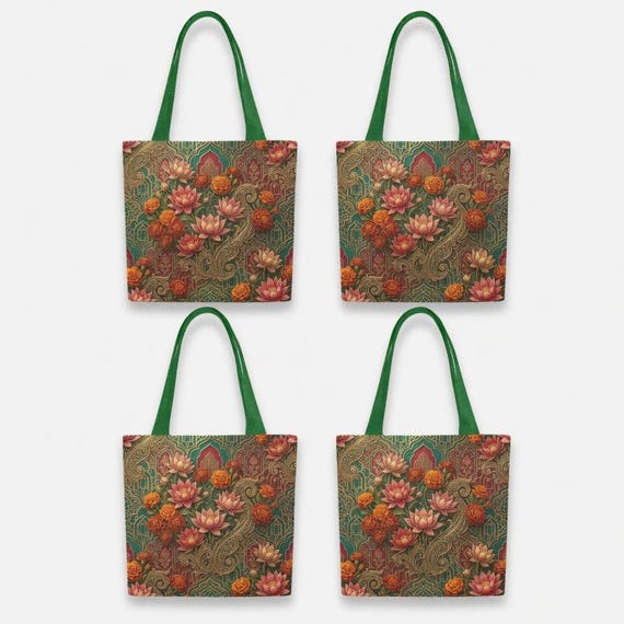 Indian Floral Canvas Tote Bag Set of 4 - Boho Lotus Paisley Shoulder Bags