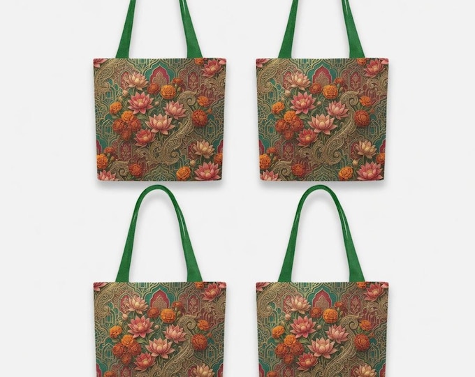 Indian Floral Canvas Tote Bag Set of 4 - Boho Lotus Paisley Shoulder Bags