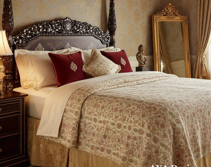 Mughal Floral Fleece Blanket, Vintage Paisley Throw, Indian Botanical Print Cozy Bedding