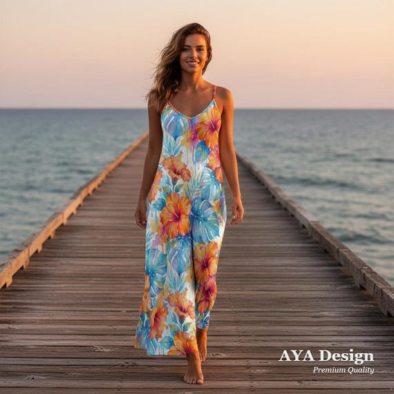 Tropical Watercolor Maxi Dress Hibiscus Floral Resort Wear, Boho Summer Slip Sundress Gift Her