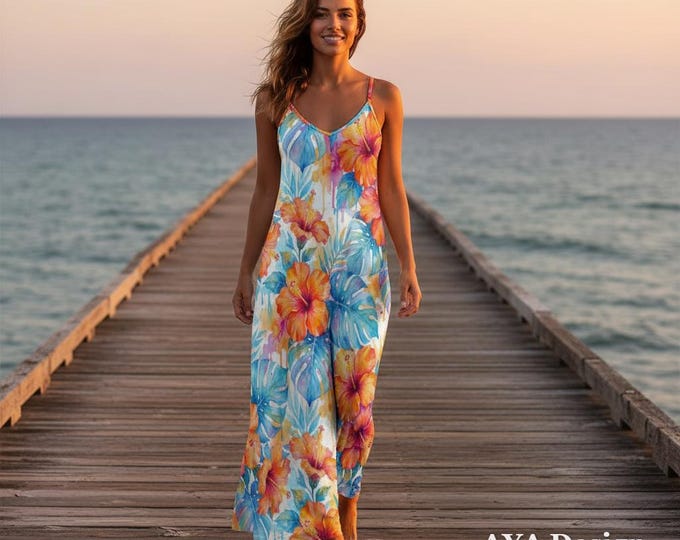 Tropical Watercolor Maxi Dress, Hibiscus Floral Resort Wear, Boho Summer Slip Dress