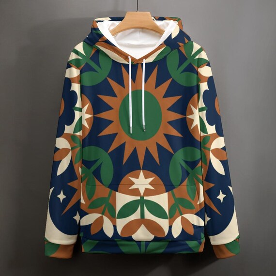 Retro Boho Botanical Hoodie | Mid Century Sun Nature Pullover | 70s Festival Style Sweatshirt