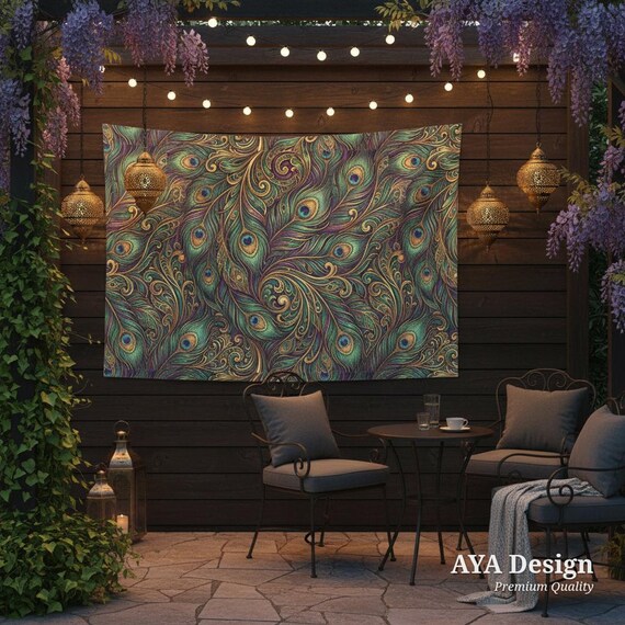 Art Nouveau Peacock Tapestry, Jewel Tone Boho Wall Hanging, Emerald Gold Dorm Art