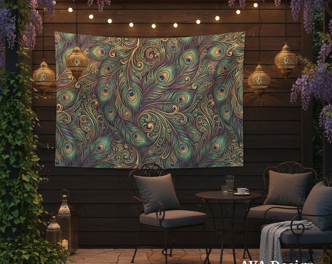 Art Nouveau Peacock Tapestry, Jewel Tone Boho Wall Hanging, Emerald Gold Dorm Art