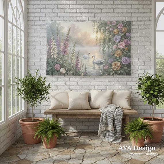 Swan Lake Tapestry, Vintage Floral Wall Hanging, Romantic Pastel Garden Decor