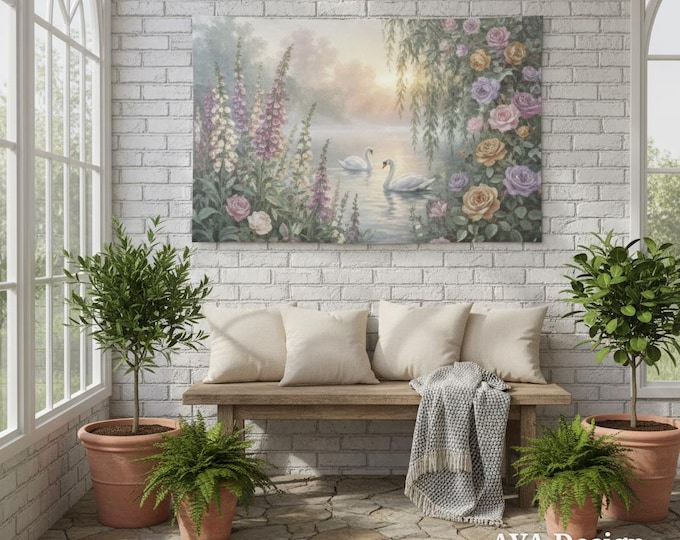 Swan Lake Tapestry, Vintage Floral Wall Hanging, Romantic Pastel Garden Decor