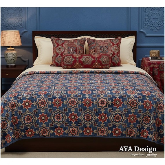 Ajrakh Print Fleece Blanket, Sindhi Boho Throw, Ethnic Cozy Bed Cover