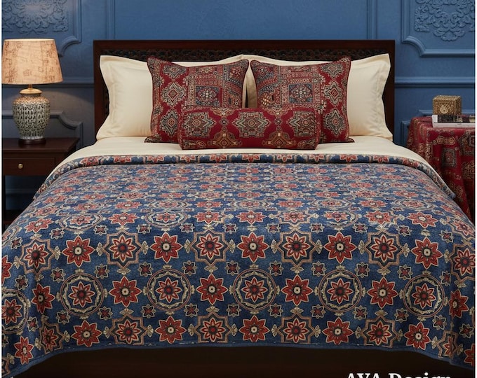 Ajrakh Print Fleece Blanket, Sindhi Boho Throw, Ethnic Cozy Bed Cover