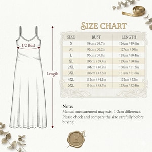 Puede incluir: Ilustraci&oacute;n de un vestido blanco con tirantes finos y una tabla de tallas. La tabla muestra las medidas de busto y largo en cm y pulgadas para las tallas S a 5XL. El texto "SIZE CHART" est&aacute; en la parte superior.