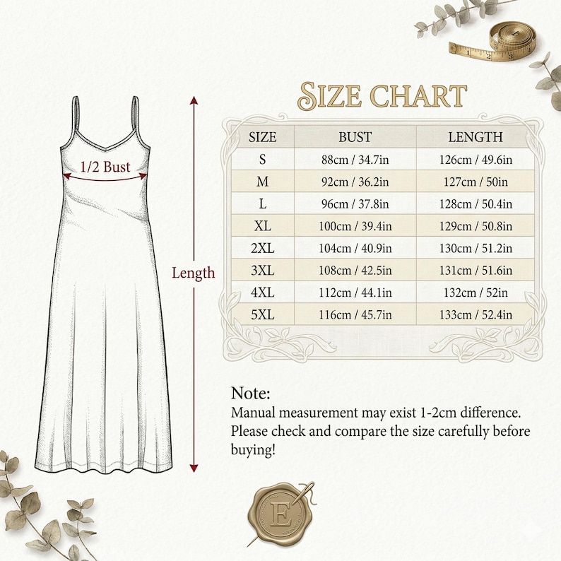 Puede incluir: Ilustraci&oacute;n de un vestido blanco con tirantes finos y una tabla de tallas. La tabla muestra las medidas de busto y largo en cm y pulgadas para las tallas S a 5XL. El texto "SIZE CHART" est&aacute; en la parte superior.