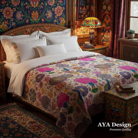 Pakistani Truck Art Fleece Blanket, Maximalist Peacock Floral Throw, Boho Eclectic Home Decor