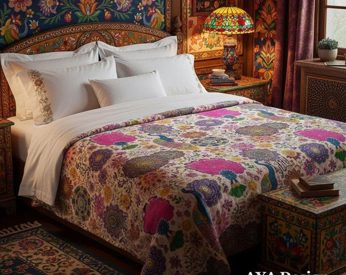 Pakistani Truck Art Fleece Blanket, Maximalist Peacock Floral Throw, Boho Eclectic Home Decor
