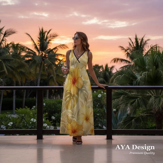 Yellow Hibiscus Floral Maxi Dress, Tropical Hawaiian Beach Sundress, V-Neck Resort Wear