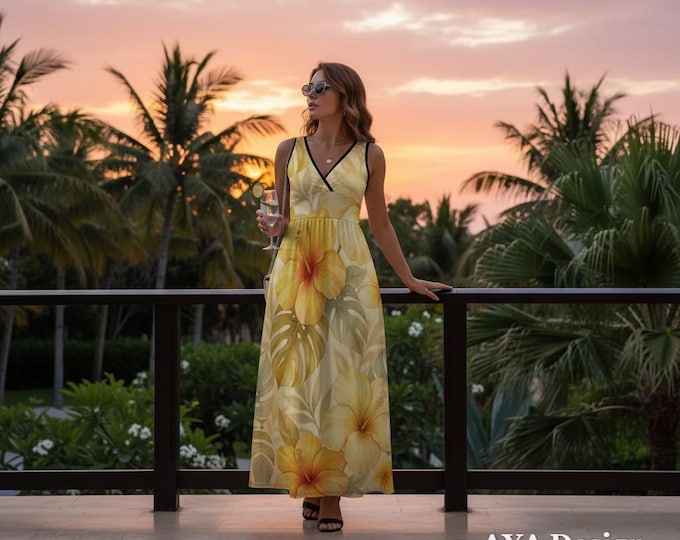 Yellow Hibiscus Floral Maxi Dress, Tropical Hawaiian Beach Sundress, V-Neck Resort Wear