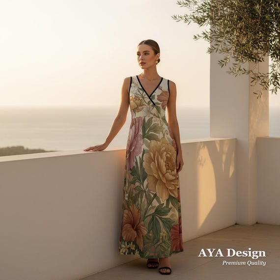 Vintage Botanical Floral Maxi Dress | Boho Summer V-Neck Beach Resort Wear