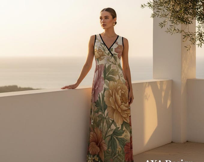 Vintage Botanical Floral Maxi Dress | Boho Summer V-Neck Beach Resort Wear