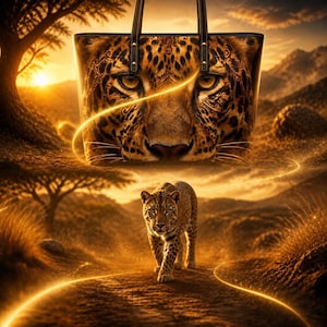 May include: A tote bag featuring a large, detailed leopard face print in shades of brown, black and gold. The bag has two black leather-like shoulder straps attached with silver-toned metal hardware, set against a golden sunset landscape.