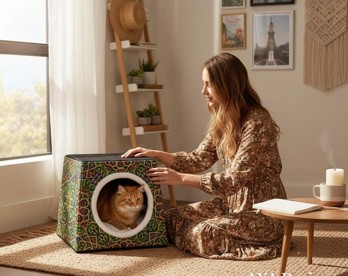 Moroccan Style Cat Cave Bed | Boho Geometric Pet House, Washable Tent Hideout