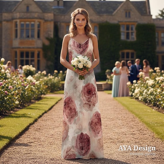Watercolor English Rose Maxi Slip Dress | Botanical Garden Wedding Guest Gown