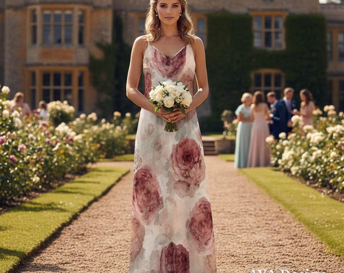 Watercolor English Rose Maxi Slip Dress | Botanical Garden Wedding Guest Gown