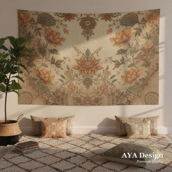 Vintage Persian Floral Tapestry | Extra Large Boho Wall Hanging, Earthy Tones