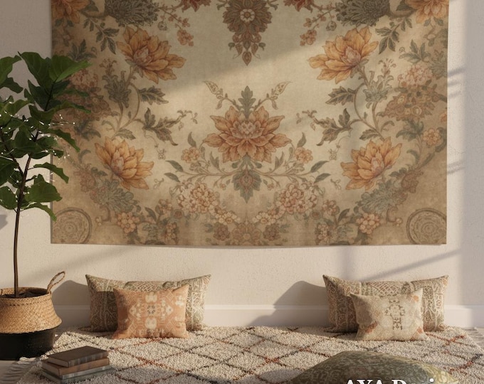Vintage Persian Floral Tapestry | Extra Large Boho Wall Hanging, Earthy Tones