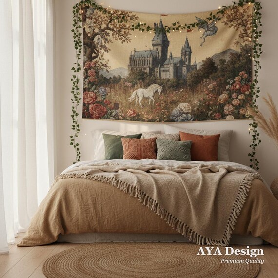 Medieval Castle Tapestry | Vintage Dragon Unicorn Wall Art | Fairy Tale BookTok Decor