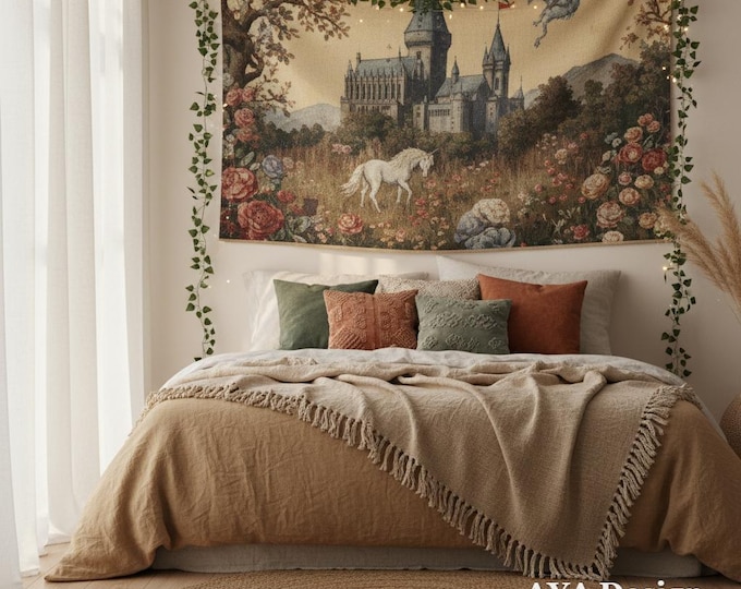Medieval Castle Tapestry | Vintage Dragon Unicorn Wall Art | Fairy Tale BookTok Decor