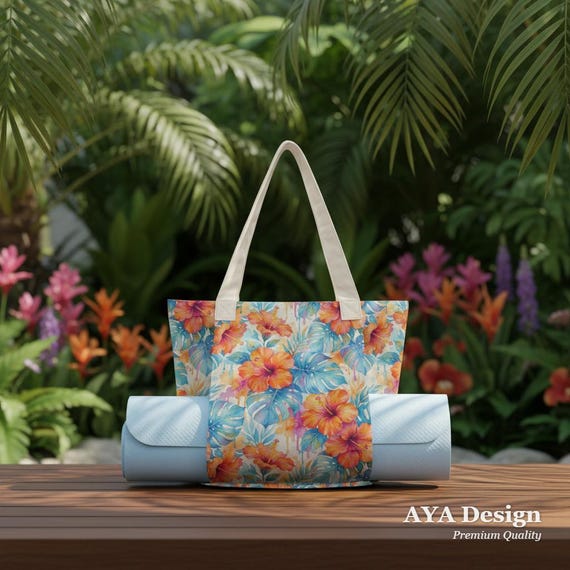 Tropical Hibiscus Yoga Mat Bag, Watercolor Floral Tote, Cotton Linen Beach Carrier