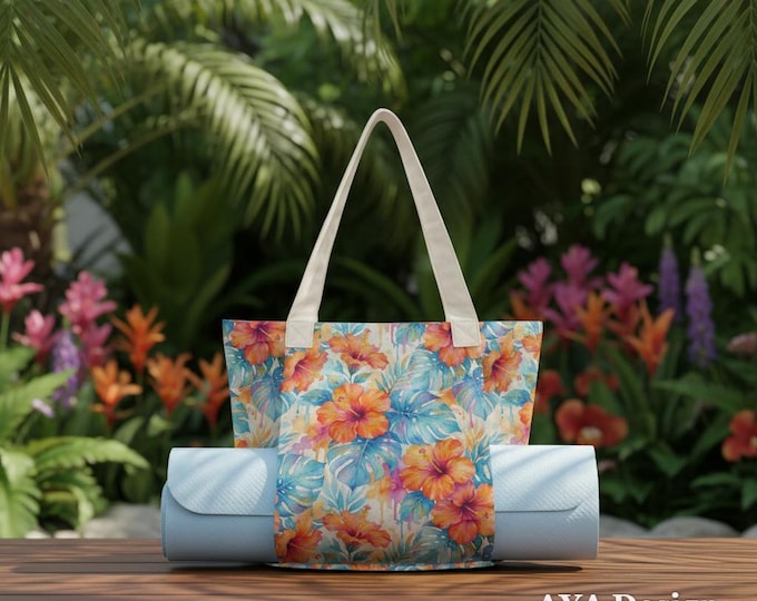 Watercolor Hibiscus Yoga Mat Bag – Tropical Floral Cotton Linen Tote