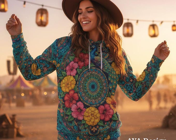 Peacock Floral Mandala Hoodie, Psychedelic Boho All-Over Print Sweatshirt