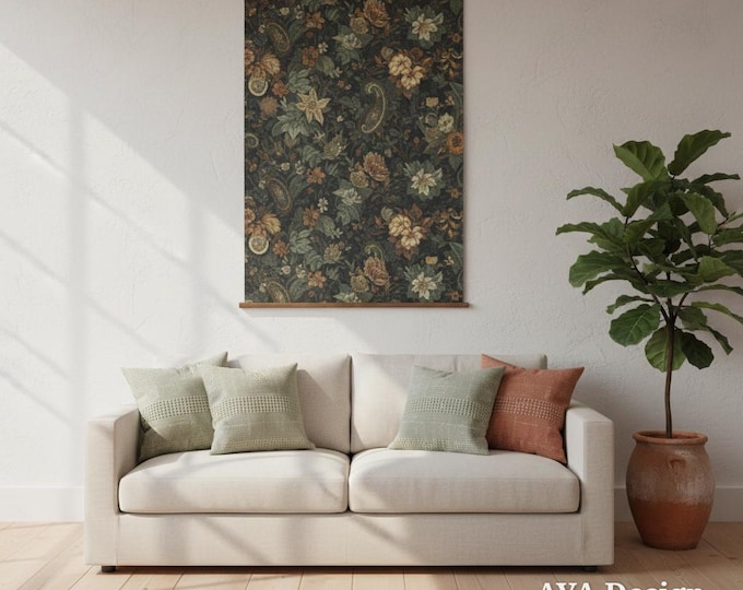 Dark Academia Paisley Floral Tapestry, Moody Botanical Wall Hanging, Gothic Decor 60x40