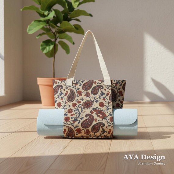 Boho Paisley Yoga Mat Bag – Vintage Floral Cotton Linen Tote (AYA Design)