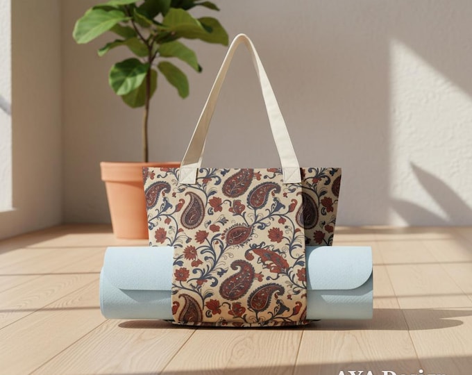 Boho Paisley Yoga Mat Bag – Vintage Floral Cotton Linen Tote (AYA Design)