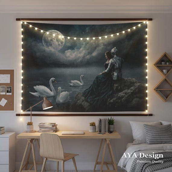 Romantic Knight Princess Tapestry | Medieval Swan Lake Wall Hanging (60x40)