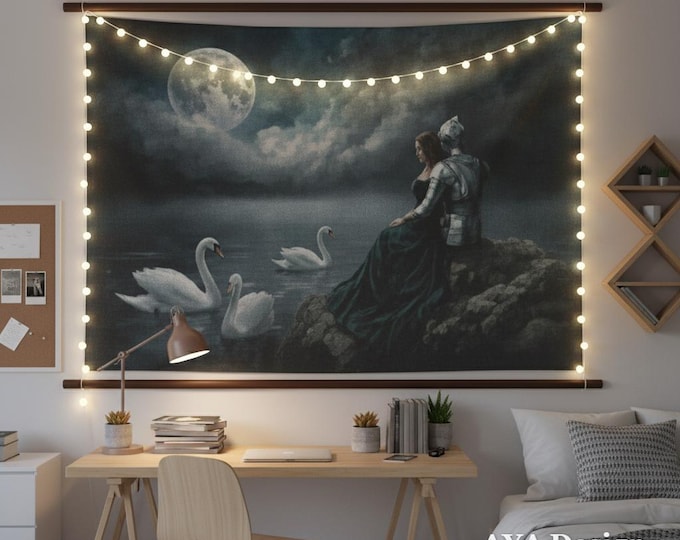 Romantic Knight Princess Tapestry | Medieval Swan Lake Wall Hanging (60x40)