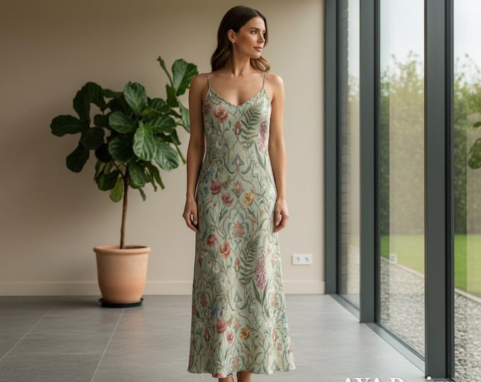 Cottagecore Botanical Maxi Dress | Sage Green Floral Slip Dress | Vintage Boho Summer Fairycore Sundress