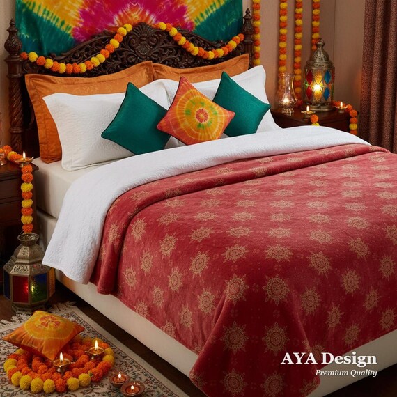 Chunri Print Fleece Blanket | Red Gold Boho Throw | South Asian Cultural Decor
