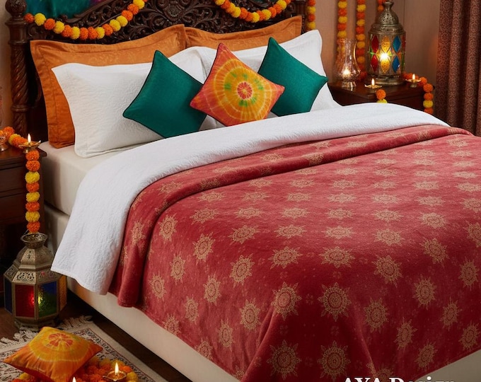 Chunri Print Fleece Blanket | Red Gold Boho Throw | South Asian Cultural Decor