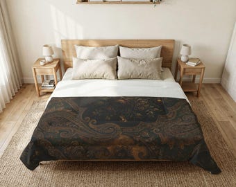 Edredón vintage de algodón con estampado floral de cachemira y diseño oscuro de Academia Buta / Decoración de dormitorio bohemia