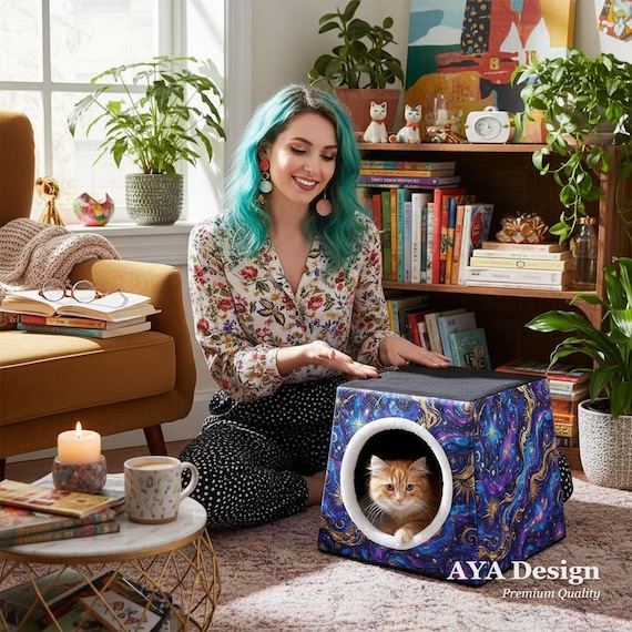 Celestial Cat Bed Cave, Starry Night Pet House, Space Capsule, Enclosed Small Dog Bed