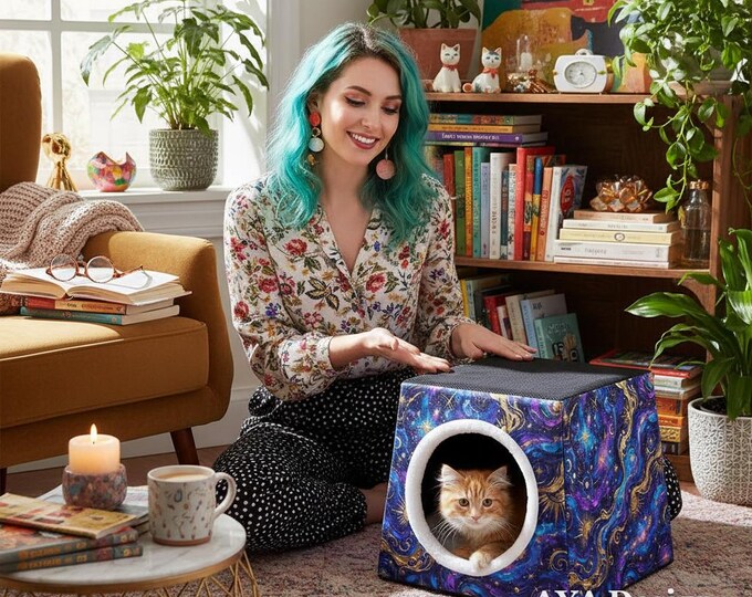 Celestial Cat Bed Cave, Starry Night Pet House, Space Capsule, Enclosed Small Dog Bed