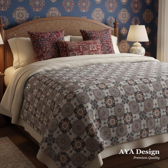 Ajrak Micro Fleece Blanket, Soft Sindhi Pattern Throw, Cultural Boho Home Decor Bedspread