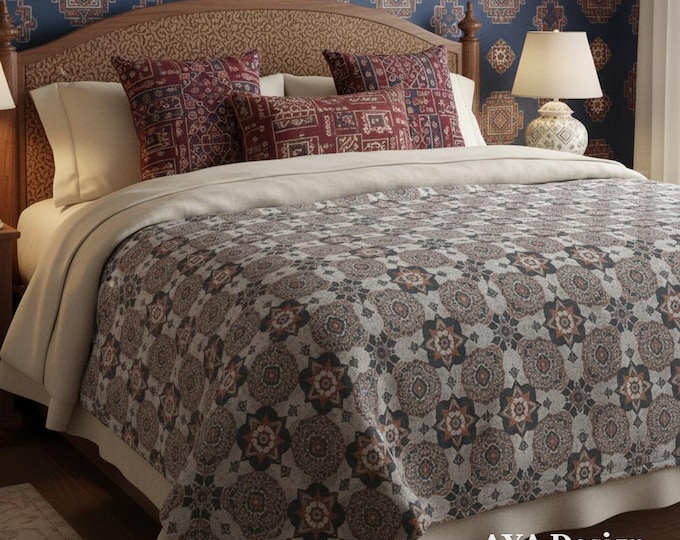 Ajrak Micro Fleece Blanket, Soft Sindhi Pattern Throw, Cultural Boho Home Decor Bedspread